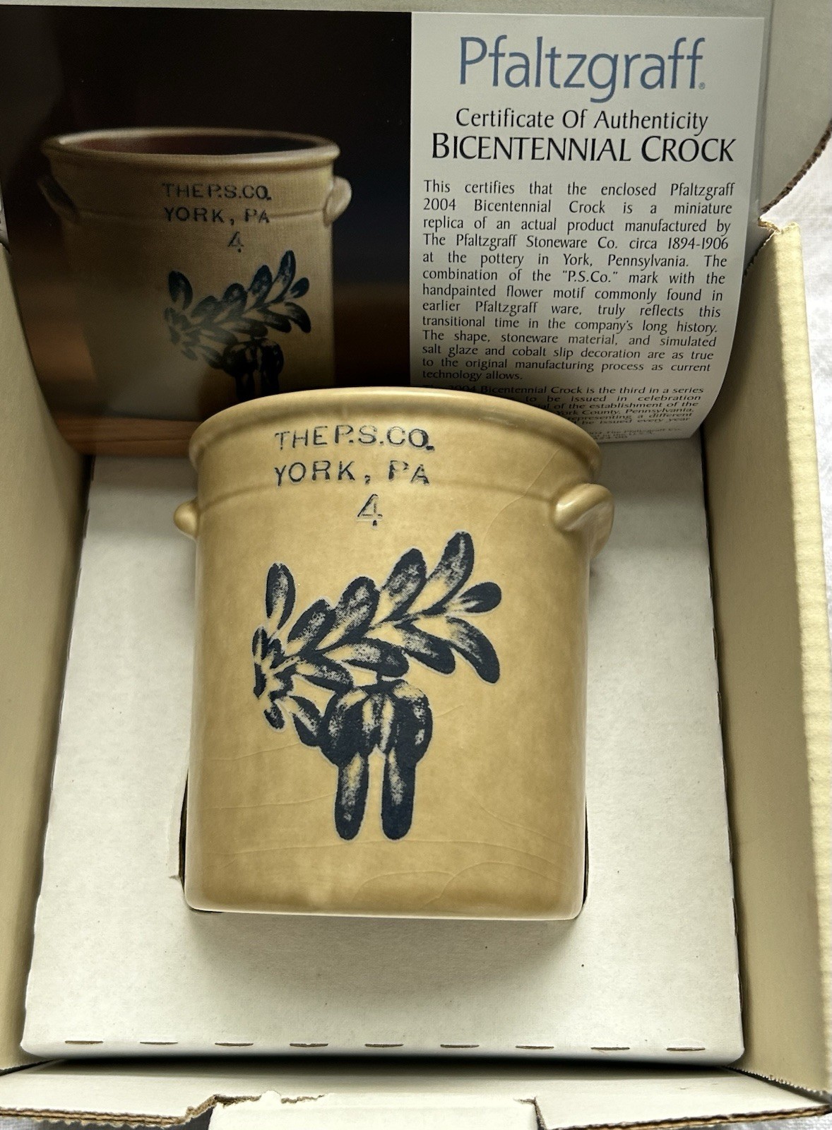 PFALTZGRAFF FOLK ART 2004 BICENTENNIAL MINI CROCK IN BOX W COA.  NEW