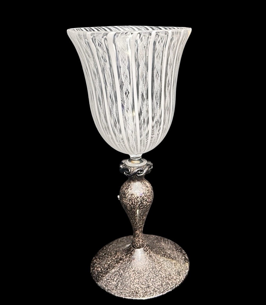 VTG Large 11.5” Murano Venetian Hand Blown Filigrana Aventurine Art Glass Goblet VTG Large 11.5” Murano Venetian Hand Blown Filigrana Aventurine Art Glass Goblet