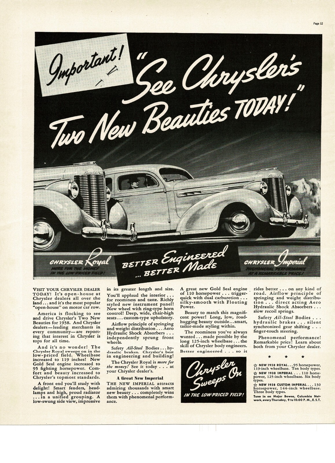 1937 Chrysler Royal Imperial Vintage Print Ad