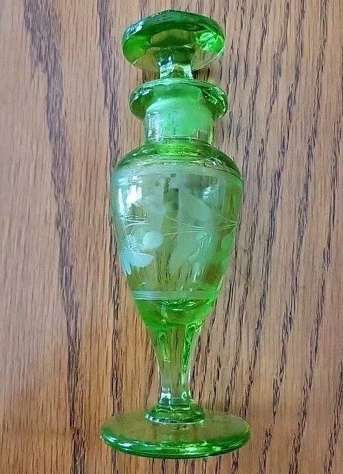 Antique Vaseline Glass Perfume  Bottle With Dauber Stopper 5.5  In
