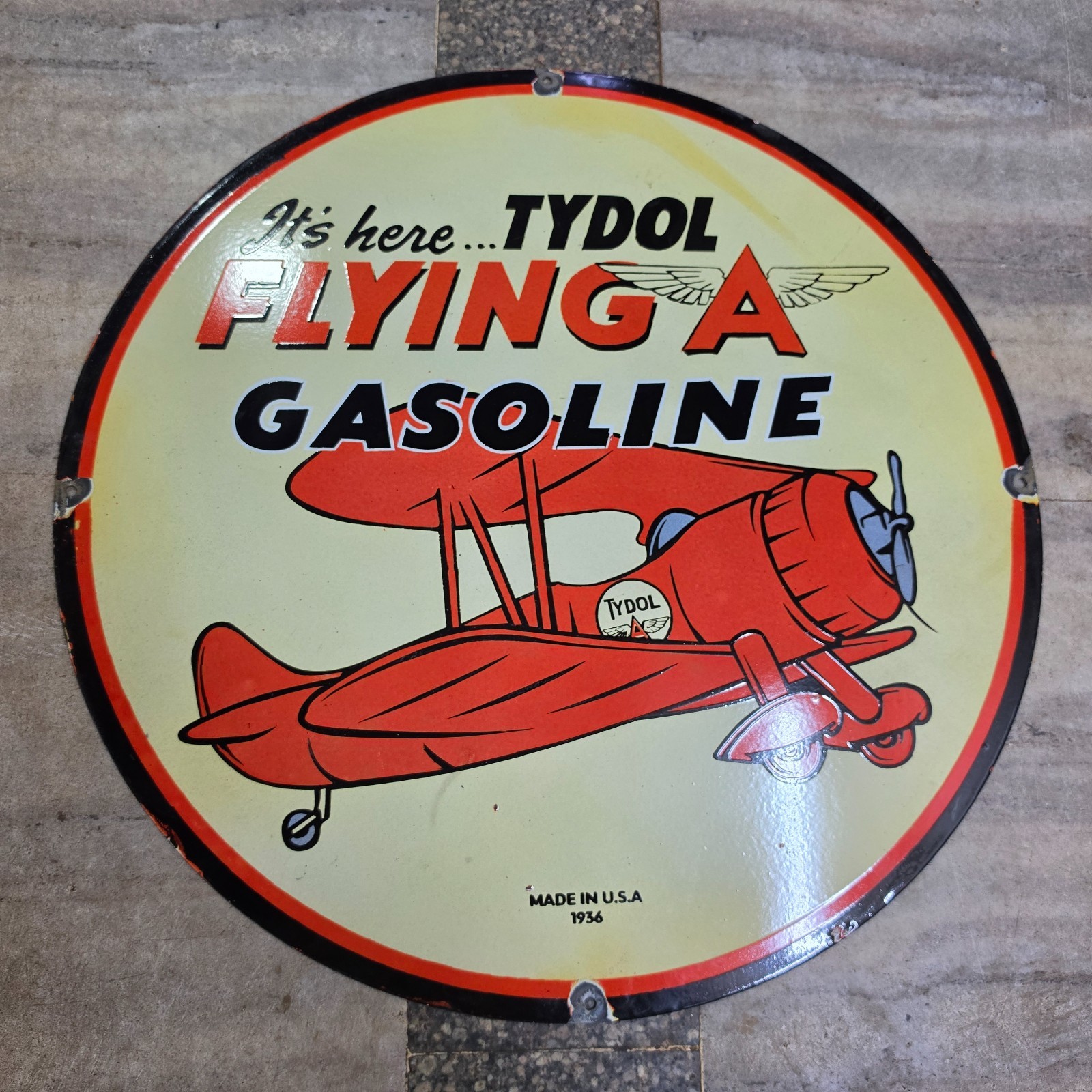 TYDOL FLYING GASOLINE PORCELAIN ENAMEL SIGN 29 X 29 INCHES