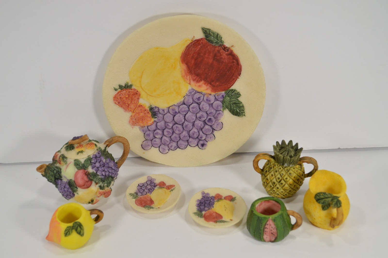 Vintage 1987 Popular Imports Miniature Fruit Tea Set 10 Piece Teapot Tray