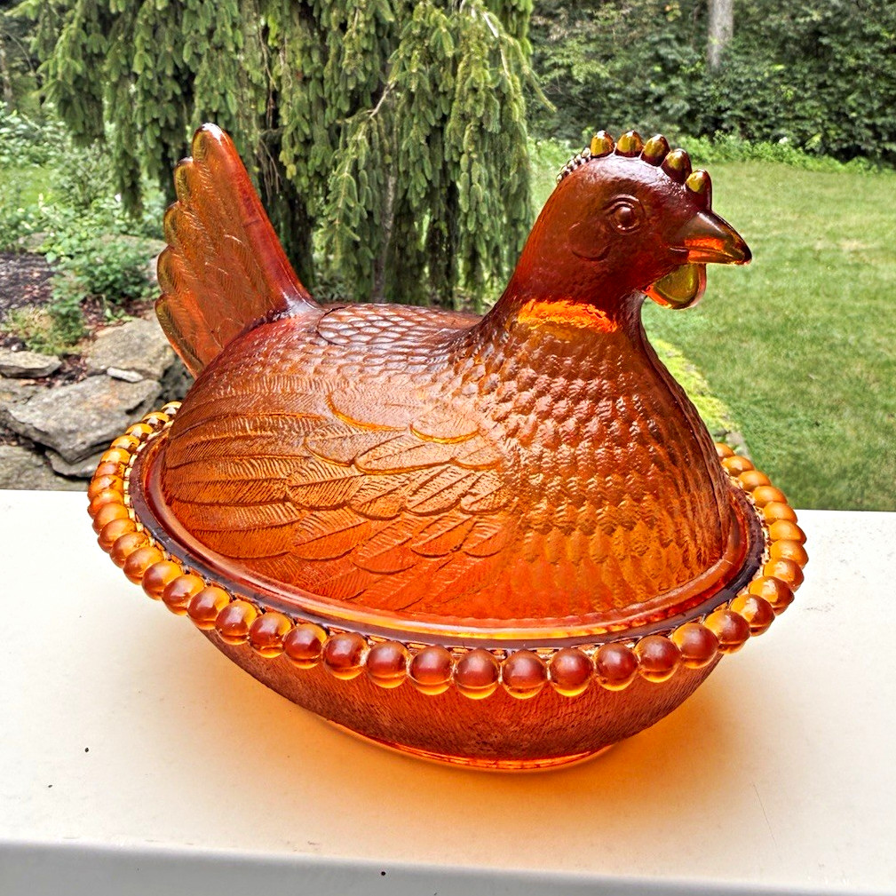 Rare Slotted Indiana Glass Amber Hen on Nest Stippled Beaded Vintage HON