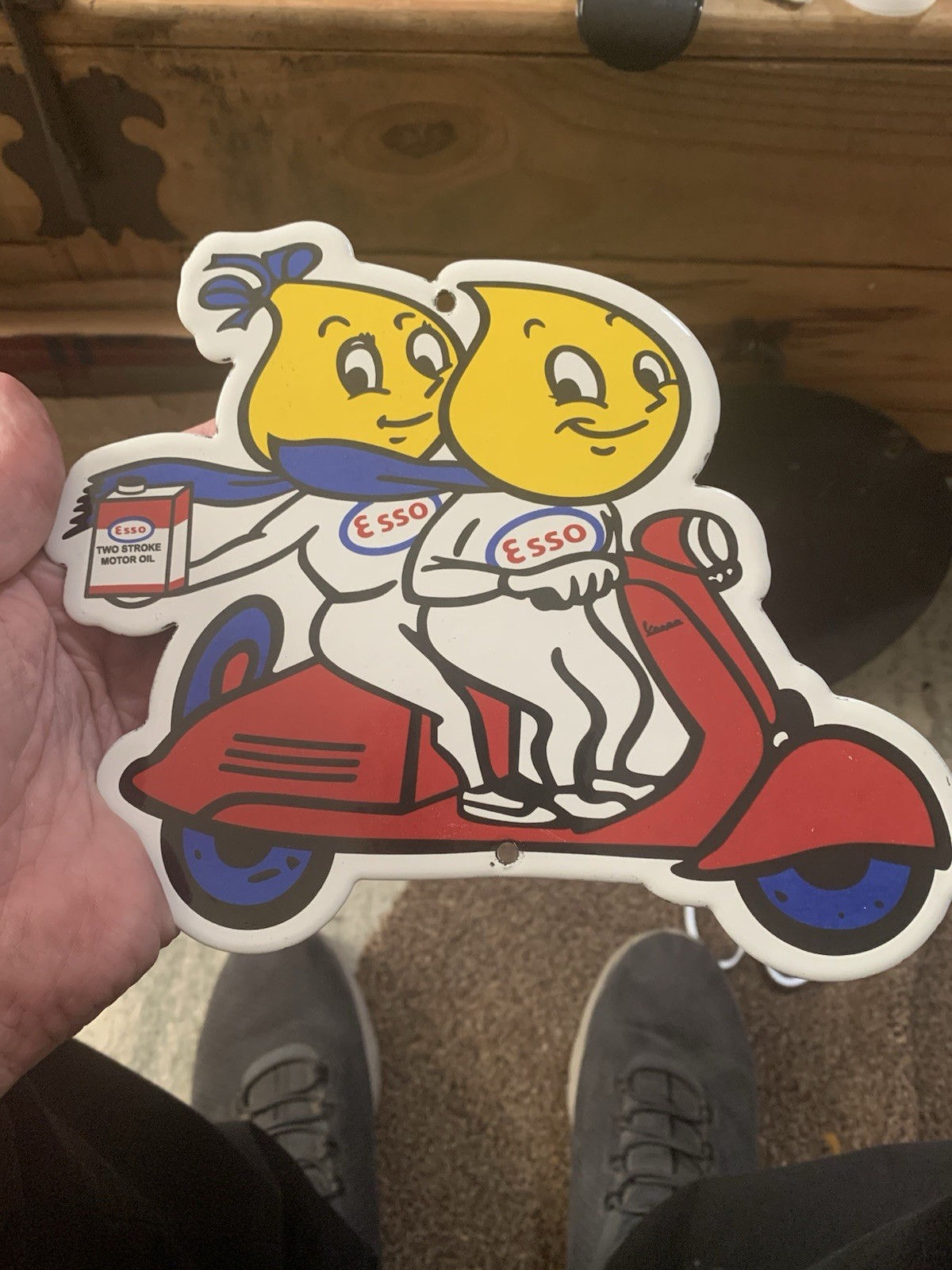 Vintage Esso Gasoline Porcelain Sign - Gas Service Station Vespa Scooter Sign