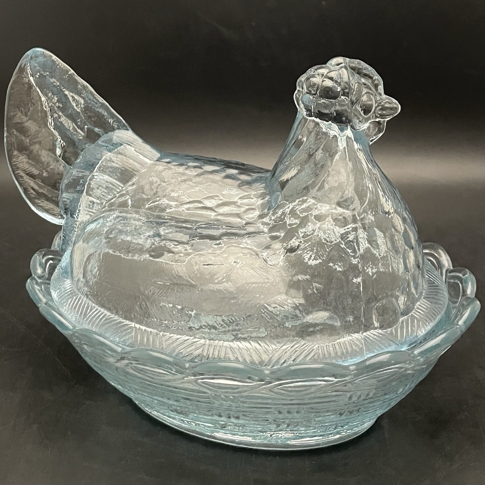 Fenton Art Glass XL Light Blue Split Tail Hen on Nest Candy Box c1970s USA 8.25”