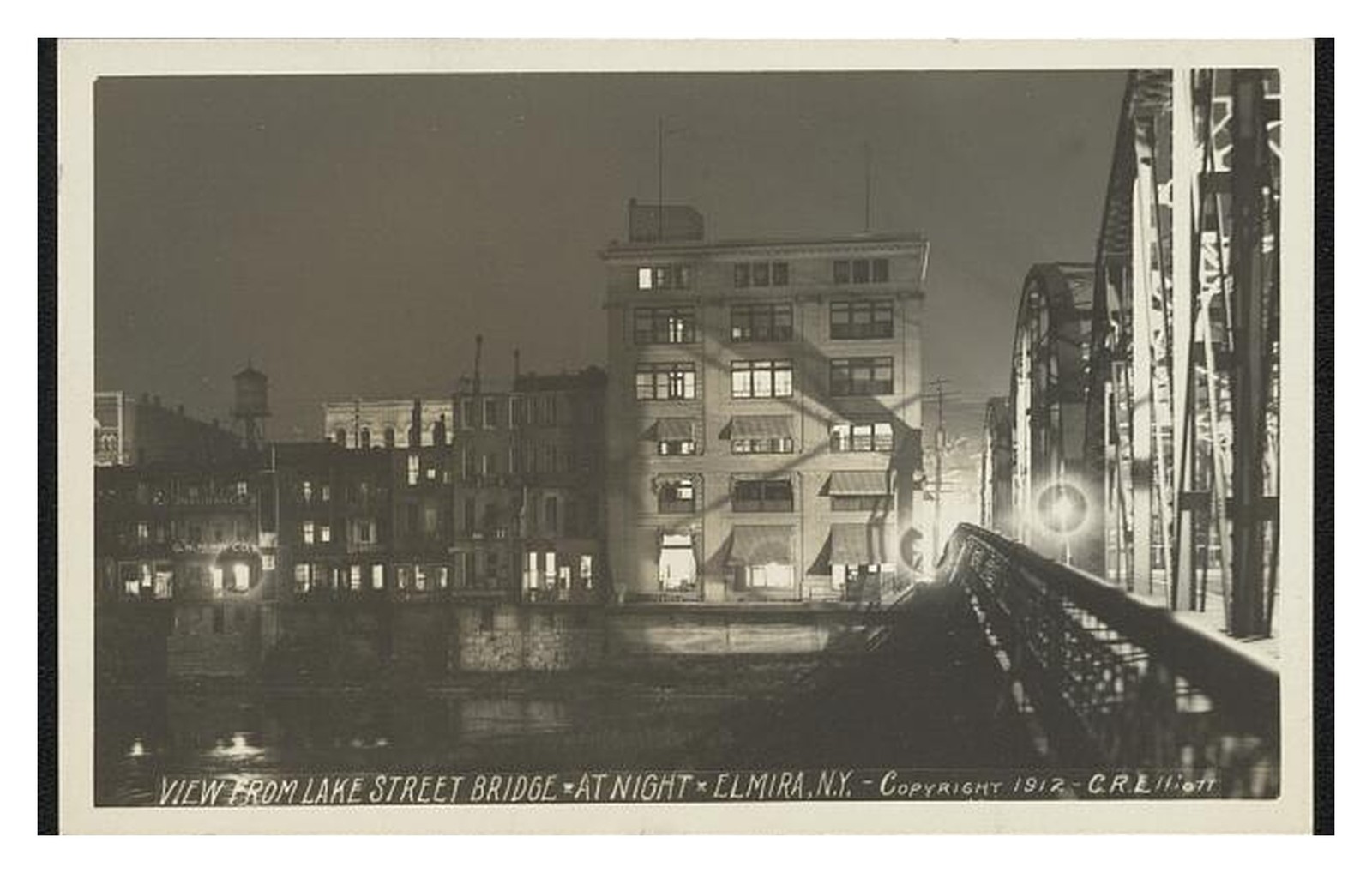Elmira New York 1917 Lake Street Bridge Night Standard Postcard
