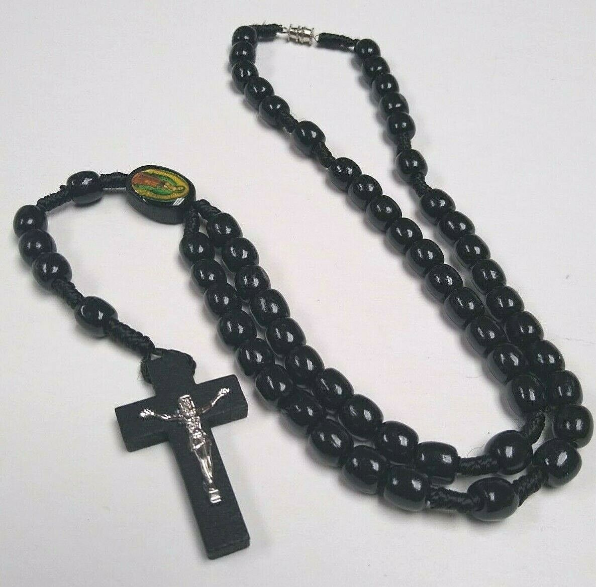 Christian Rosary Wood BLACK Bead Silver Cast Relief Crucifix GUADALUPE Center