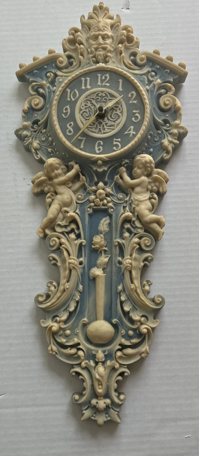 Blue & Ivory  Incolay Blue & Ivory  W Cherub  Angels Wall Clock  CARVED