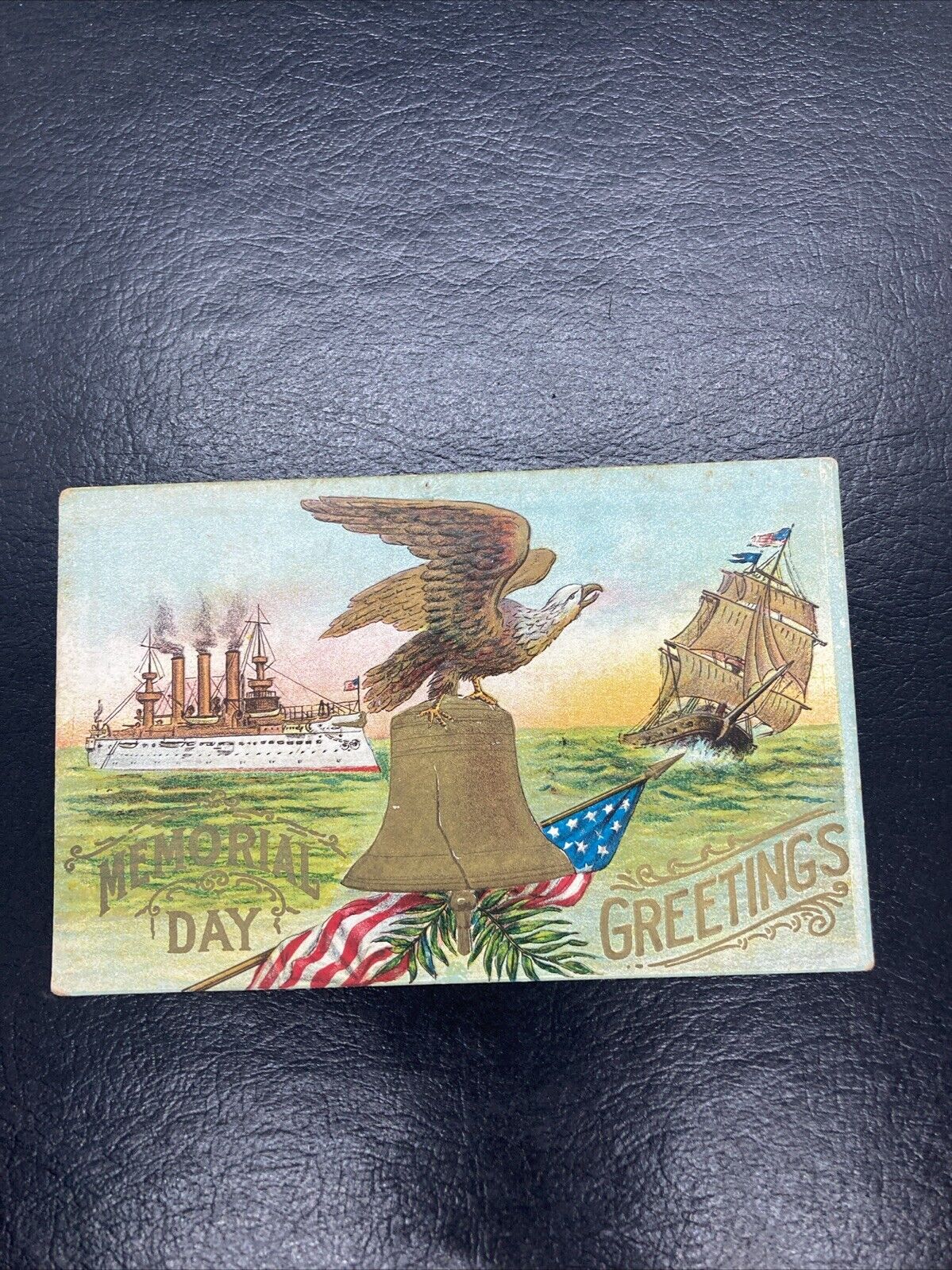 1909 Decoration Day Greetings Eagle Steamer Ship Boat Embossed Antique Postcard
