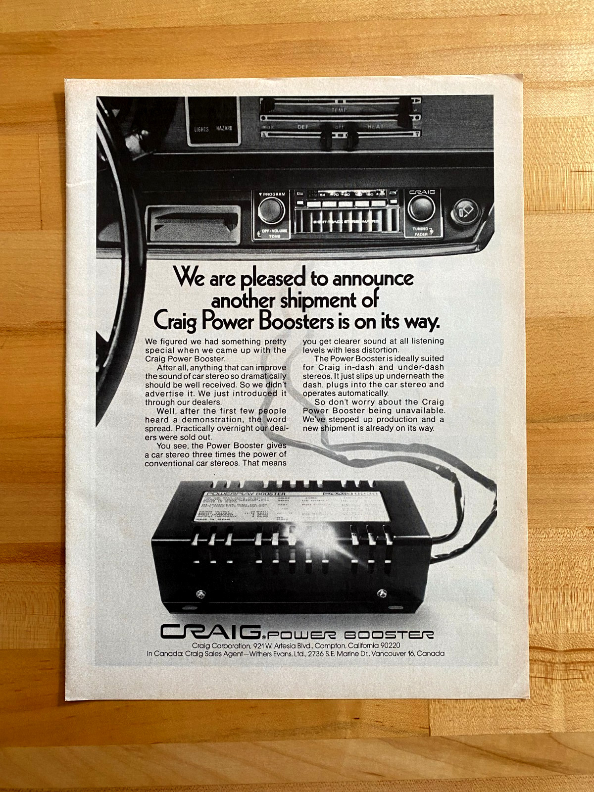 1974 Print Ad Craig Power Booster Auto Stereo 1974 Print Ad Craig Power Booster Auto Stereo