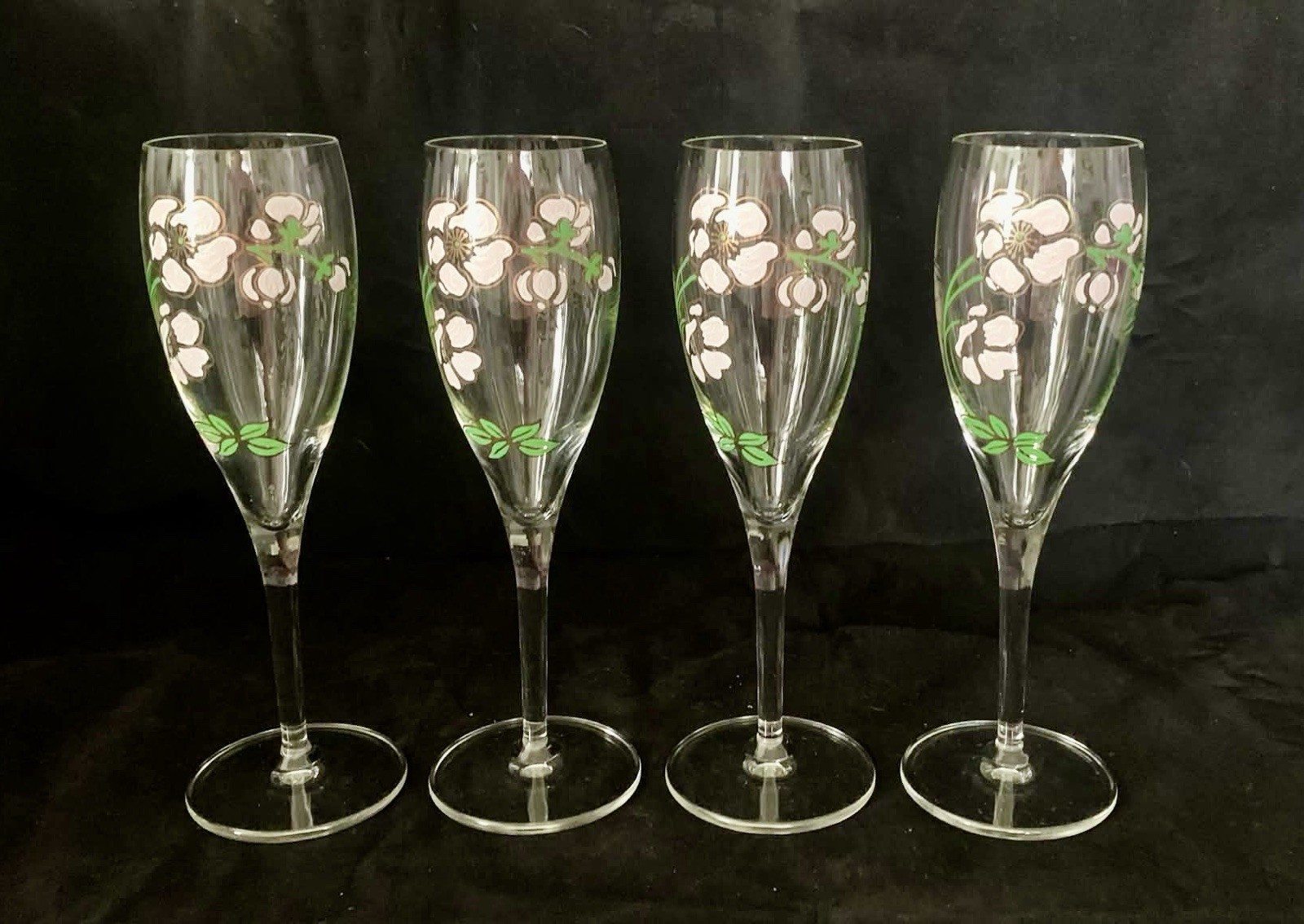 Set Of 4 PERRIER JOUET ~ Hand Painted Anemone Flower CHAMPAGNE FLUTE 4oz France