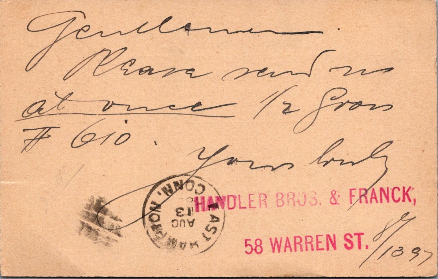 1899 Thomas Jefferson Postal Card NEW YORK to East Hampton CT Order