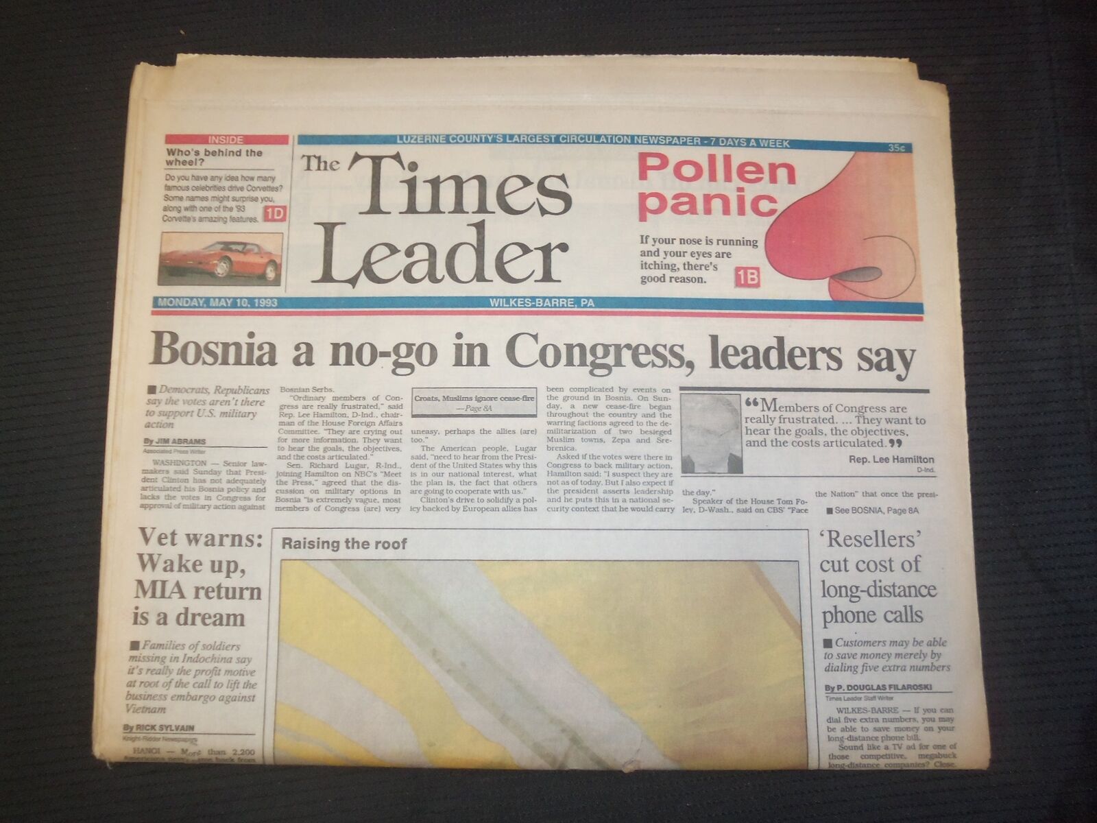 1993 MAY 10 WILKES-BARRE TIMES LEADER - BOSNIA A NO-GO IN CONGRESS - NP 7548