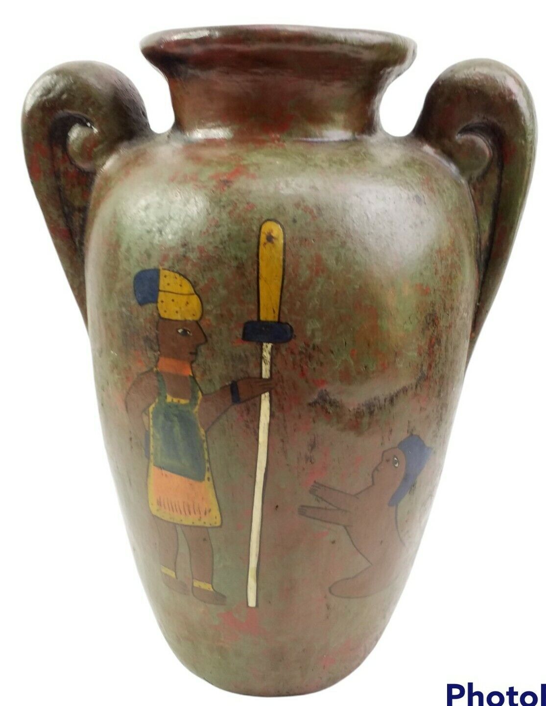 Vintage Large Handmade Erandi Mexican Pottery Folk Art Jug Urn Vase Signed 14.5\