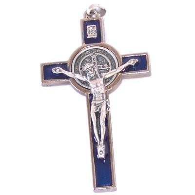 St. Benedict Rosary crucifix with dark blue enamel -X-Large Pewter tone 3 inches
