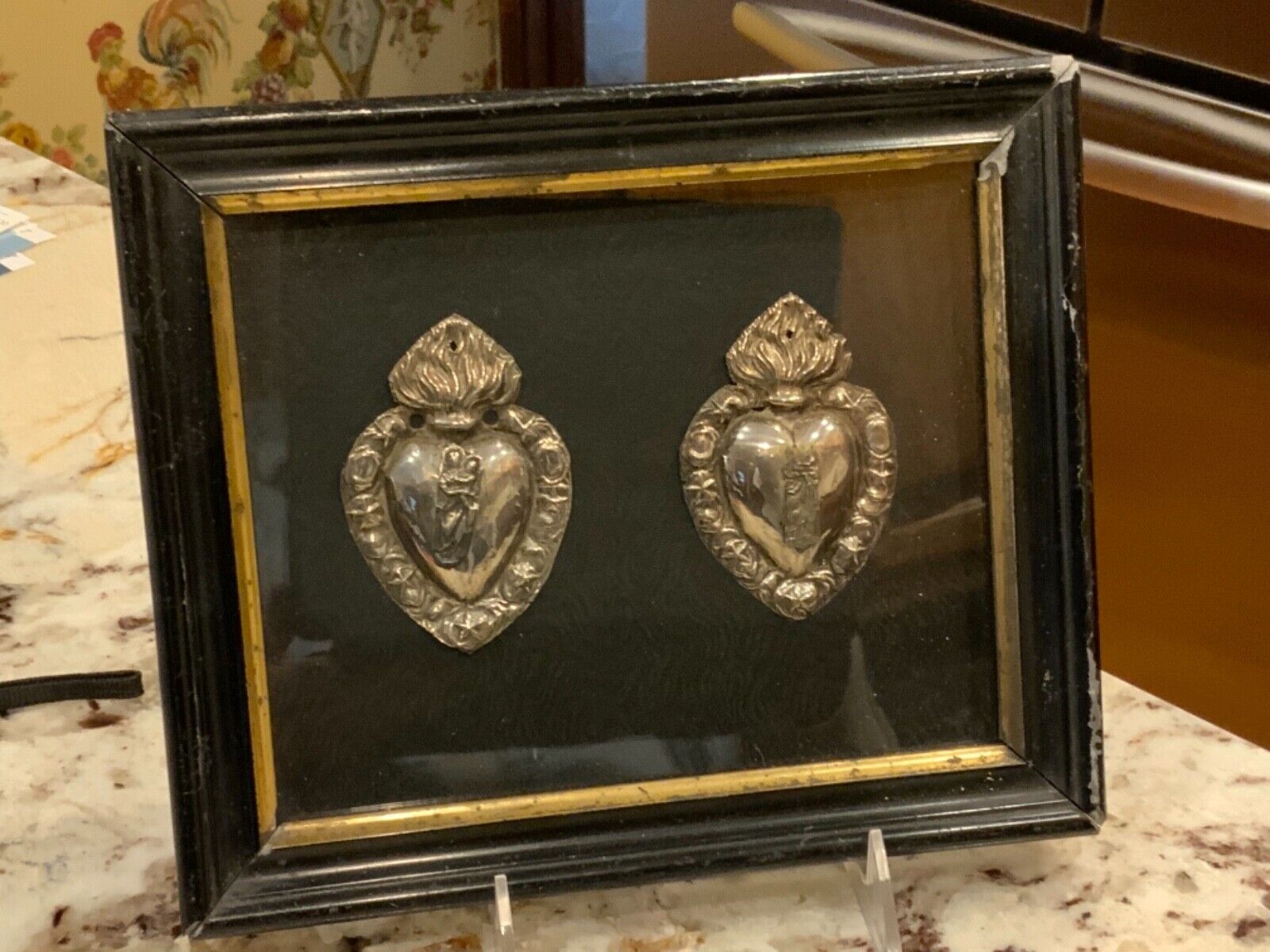 Pair19th Century French Religious Framed Silver Flaming Sacred Hearts C1880