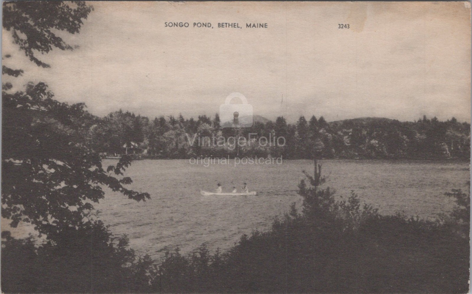 Songo Pond Bethel Maine ME Canoe Boating Lake American Art 1943 Postcard