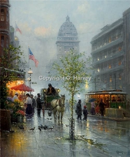 Market Street Trolley by G. Harvey.  Artists\' Proof # 47/50  RARE CANVAS GICLEE