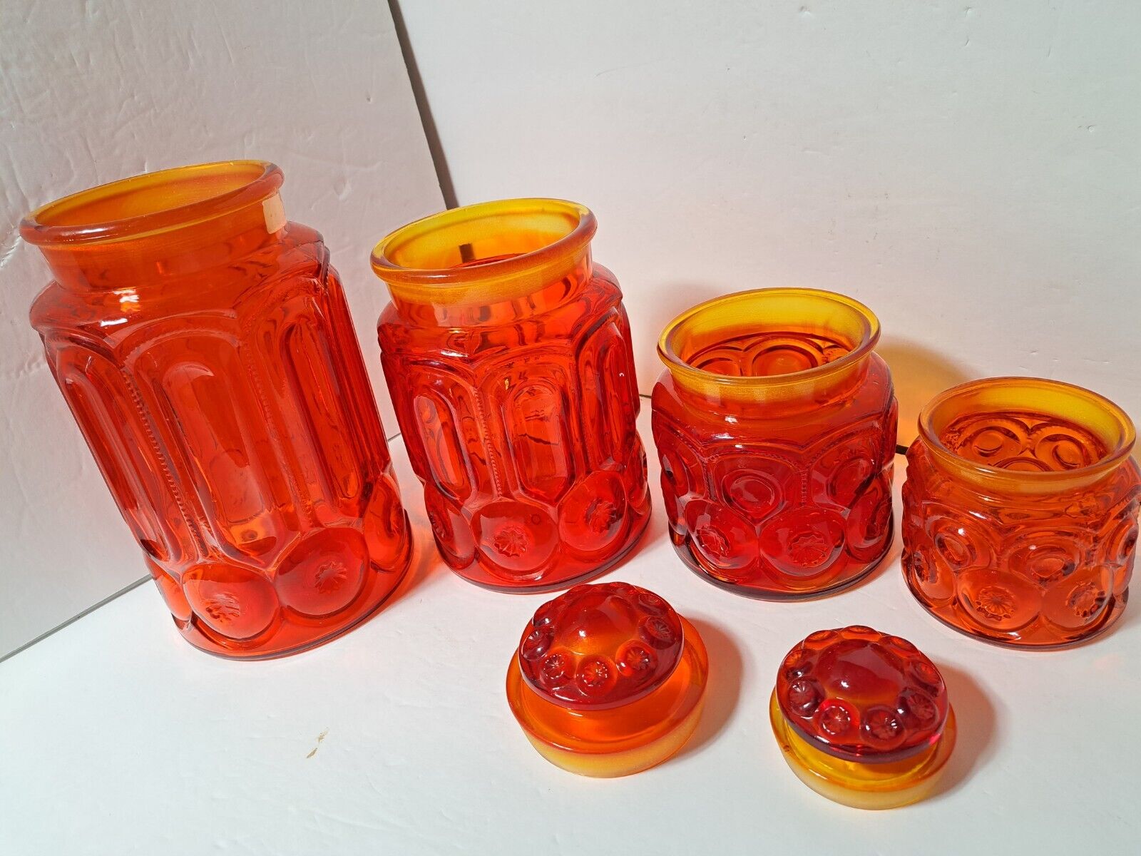 Vintage LE Smith 4 Piece Amberina Moon And Star Canister Jar Set w/ Lids