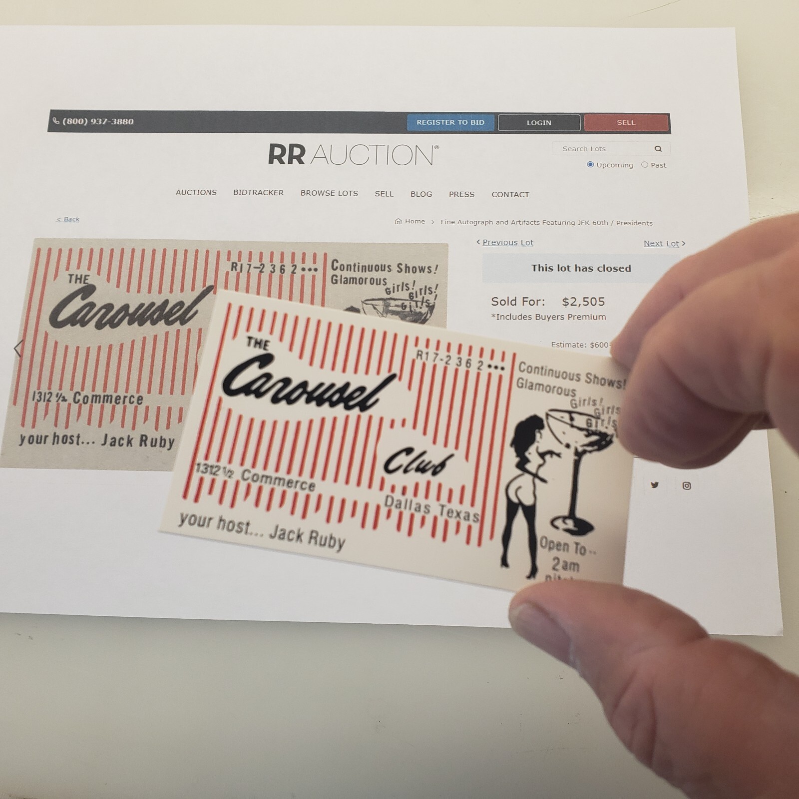 Jack Ruby\'s business card for Carousel Club - Perfect Replica.  $5 ea.