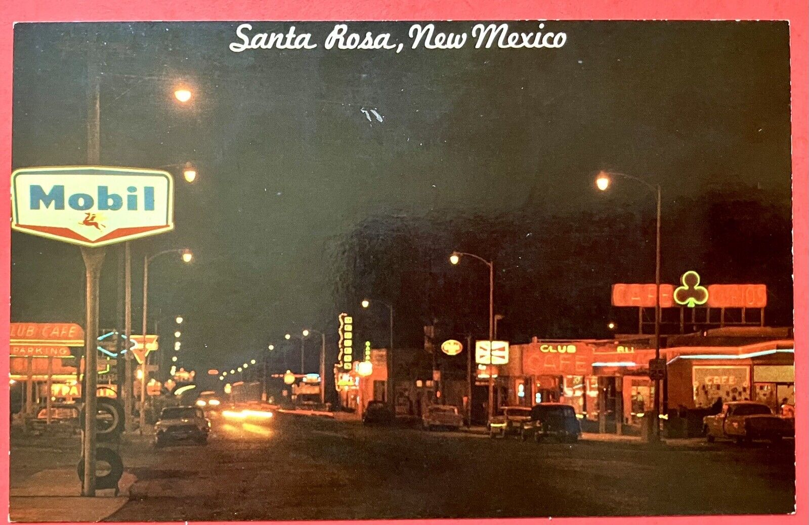 ROUTE 66~ SANTA ROSA, NM ~ NIGHT SCENE~ MOBIL OIL, NEON ~chrome postcard ~ 1960s