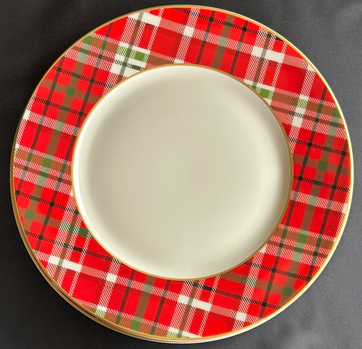 3 Pier 1 Haddington Plaid Dinner Plates Red Green White Rim Gold Trim  EXC
