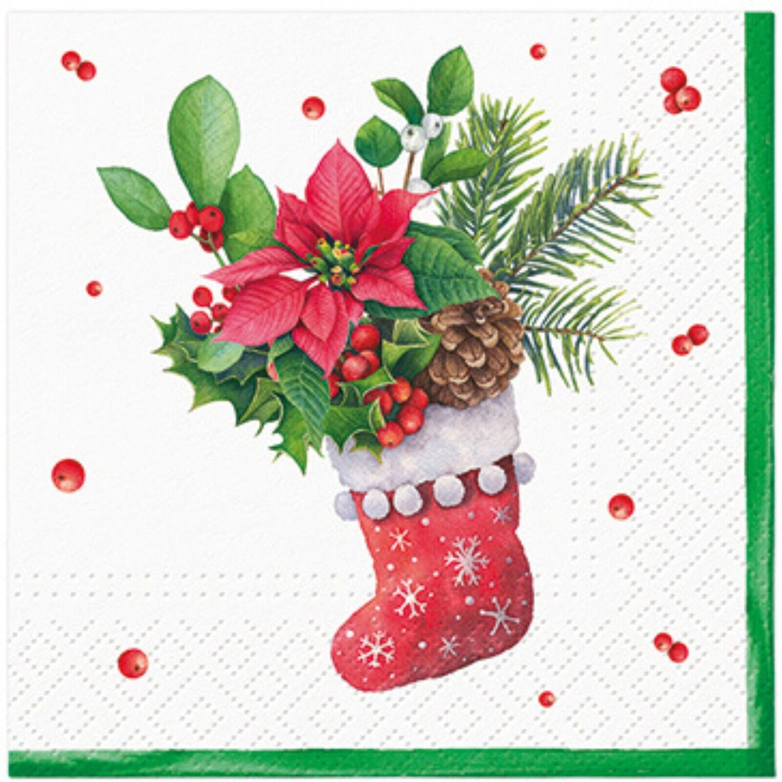 (2) Christmas Decoupage Paper Napkins Red Sock Poinsettia Luncheon Napkin - TWO
