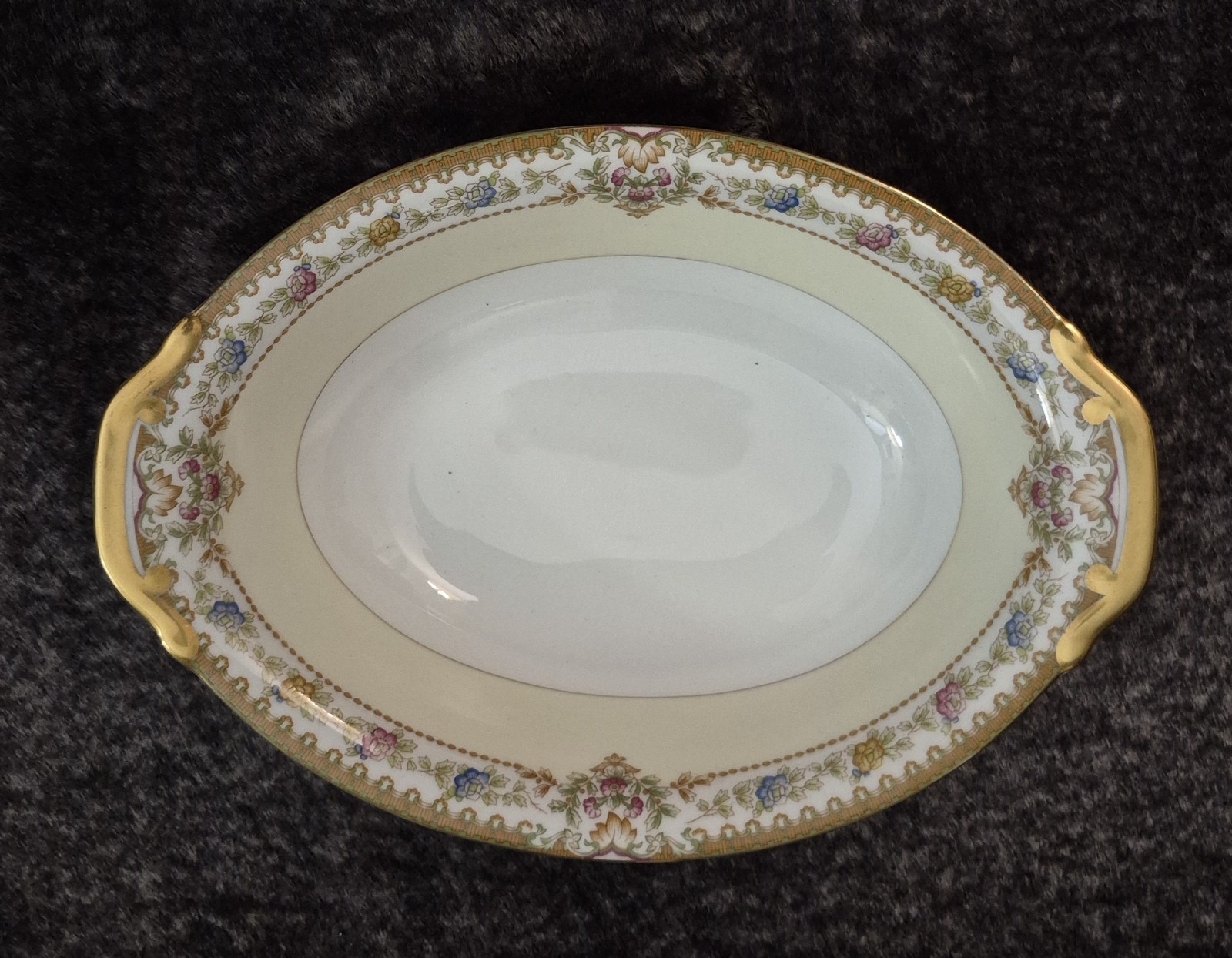 Antique Meito China Oval Vegetable Serving Bowl Gold Trim Floral Yellow ( Japan)