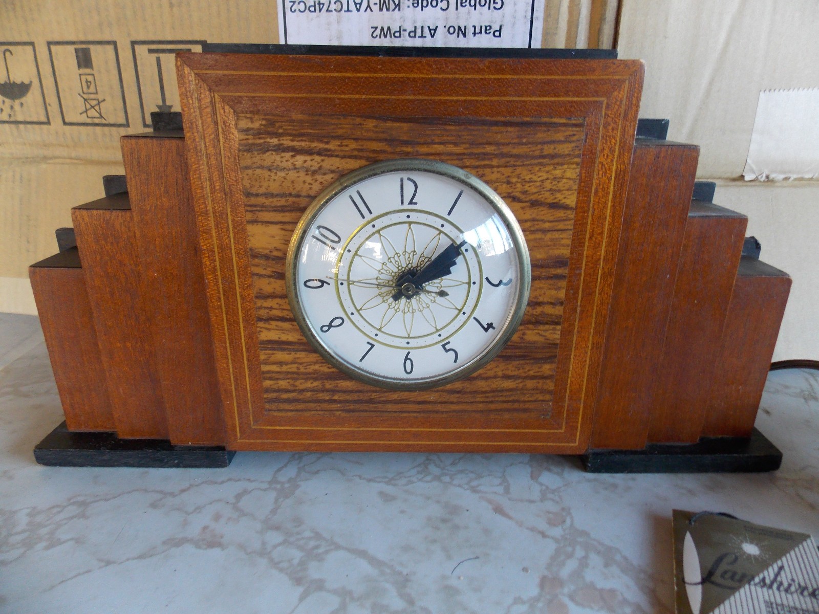 vintage LANSHIRE wood STEPPED SKYSCRAPER MANTLE CLOCK Art Deco, it works