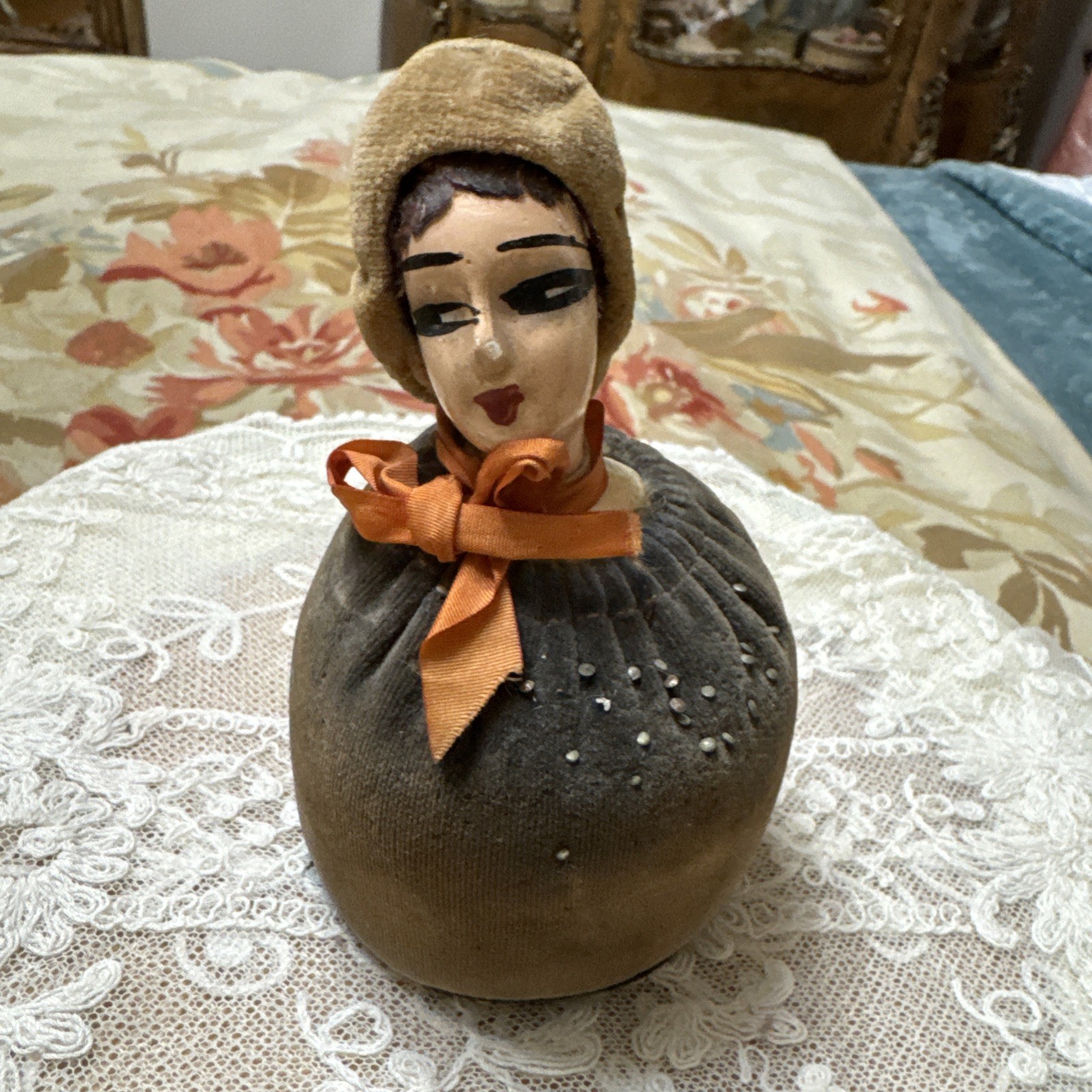 Antique 1920s Art Deco Flapper Half Doll Pincushion Velvet Skirt Composition