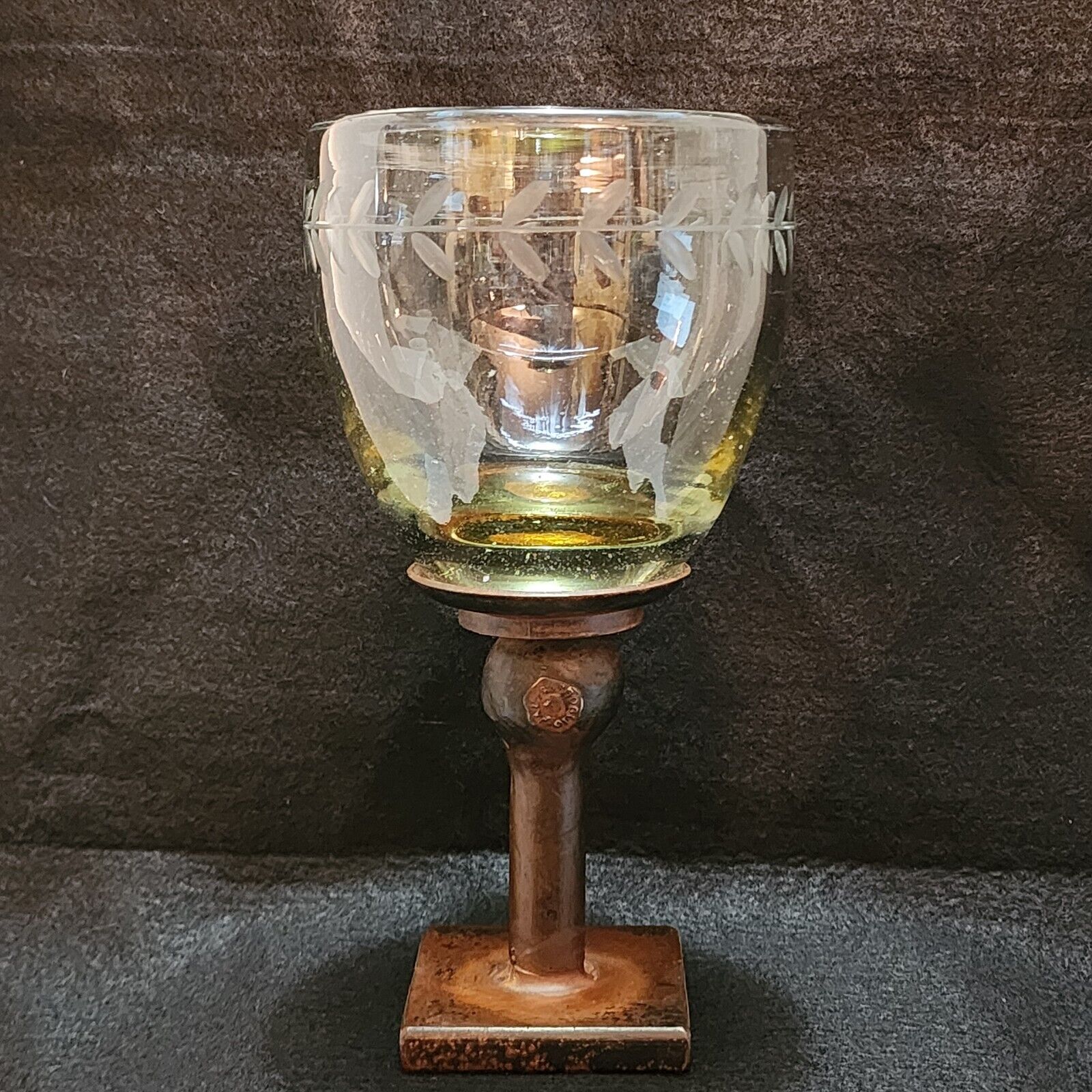 Jan Barboglio Artisan Iron Glass Chalice Goblet Bowl 9 3/4” Etched Laurel Smokey