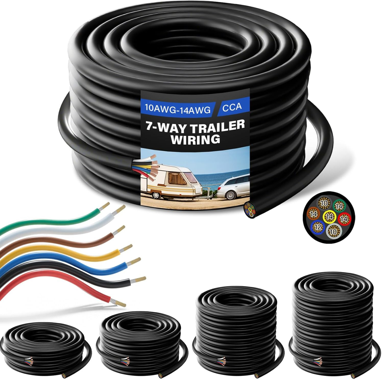50 FT 10-14 AWG 7 Way Trailer Wiring Harness Heavy Duty 7 Wire Trailer Cable CCA