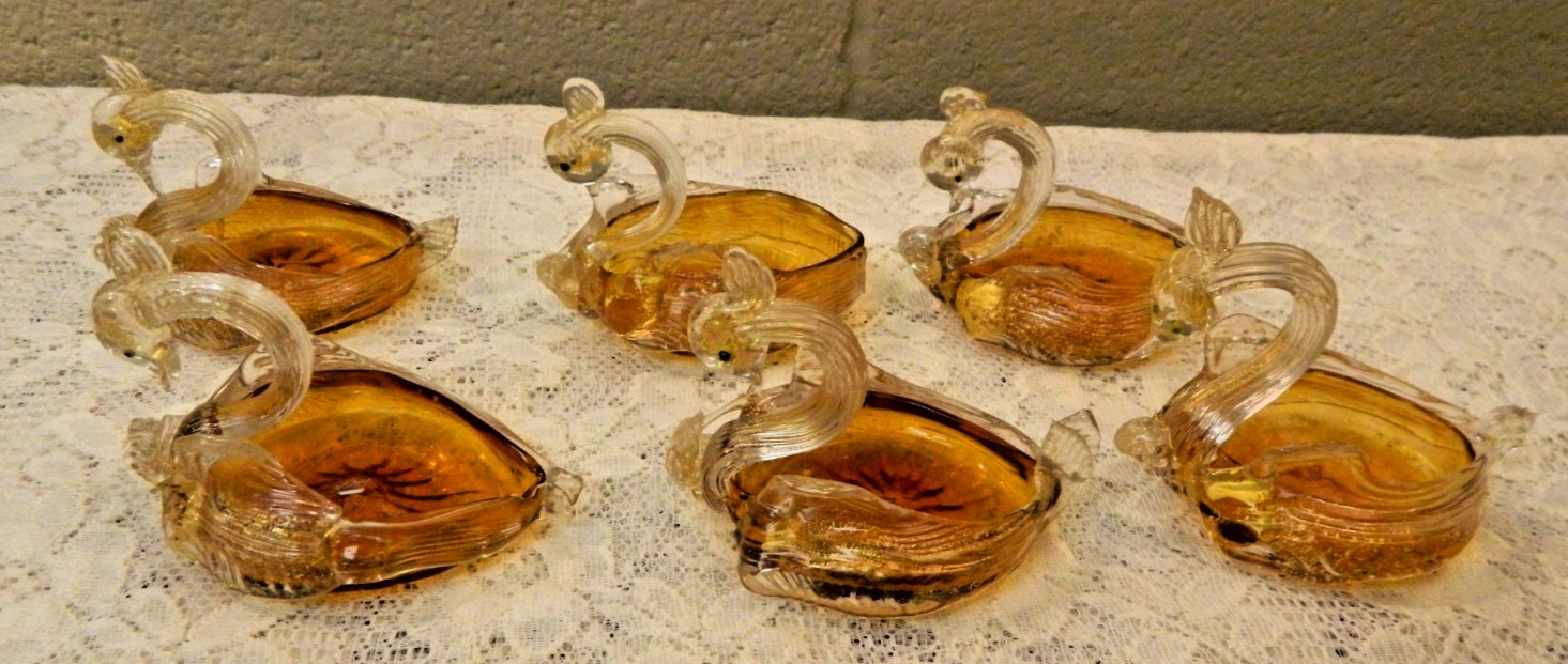Handblown Venetian Murano  Amber Gold Glass Swan Open Salt Dip Cellar Dishes (6)