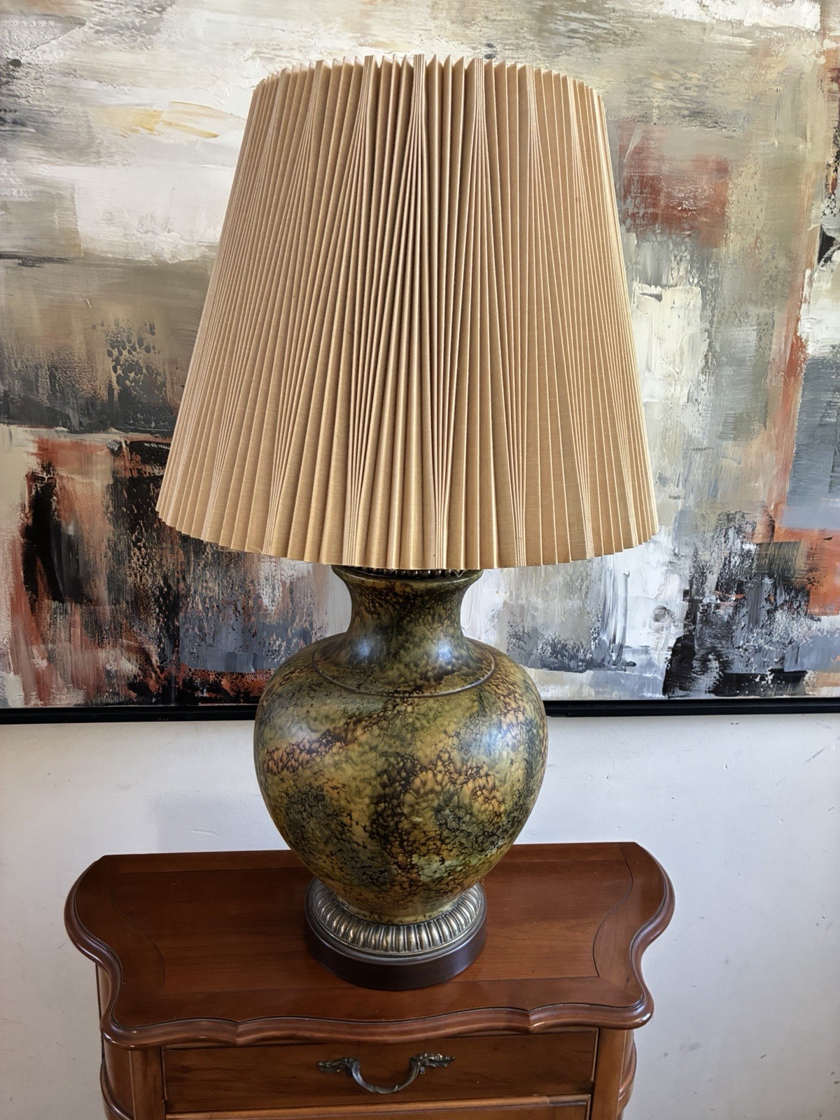 Vtg WESCAL Ceramic Table Lamp Tortoise Glaze MCM Green Brown Brass Pleated Shade