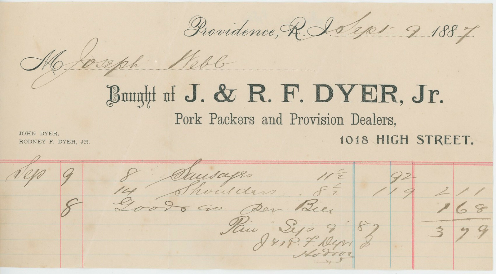 1887 J. & R. F. Dyer Billhead Providence Rhode Island Pork Packers Provisions