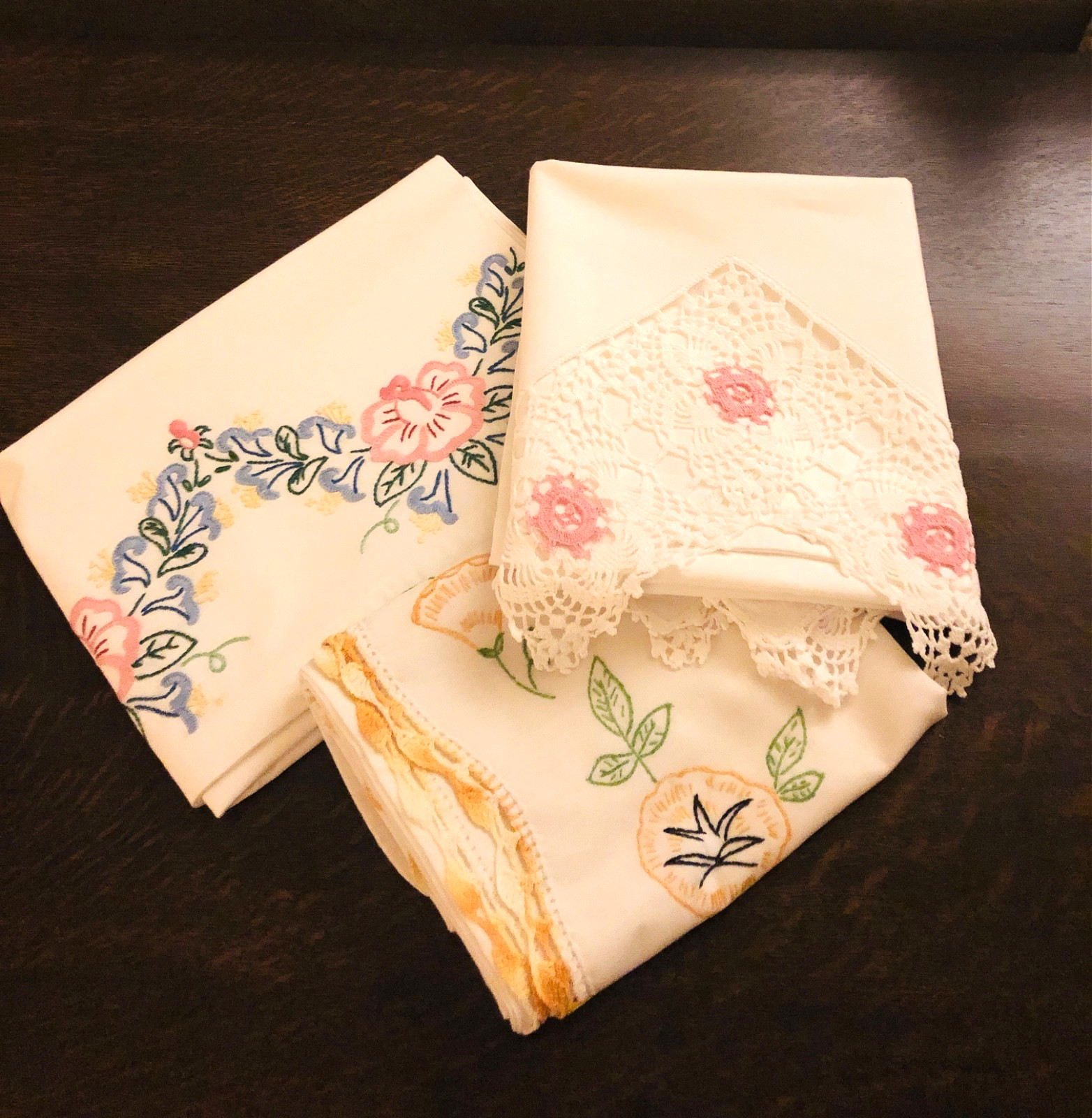 VTG Set/3, 2 Queen 1 King Pillowcases Hand Embroidered/Crocheted Floral & Lace