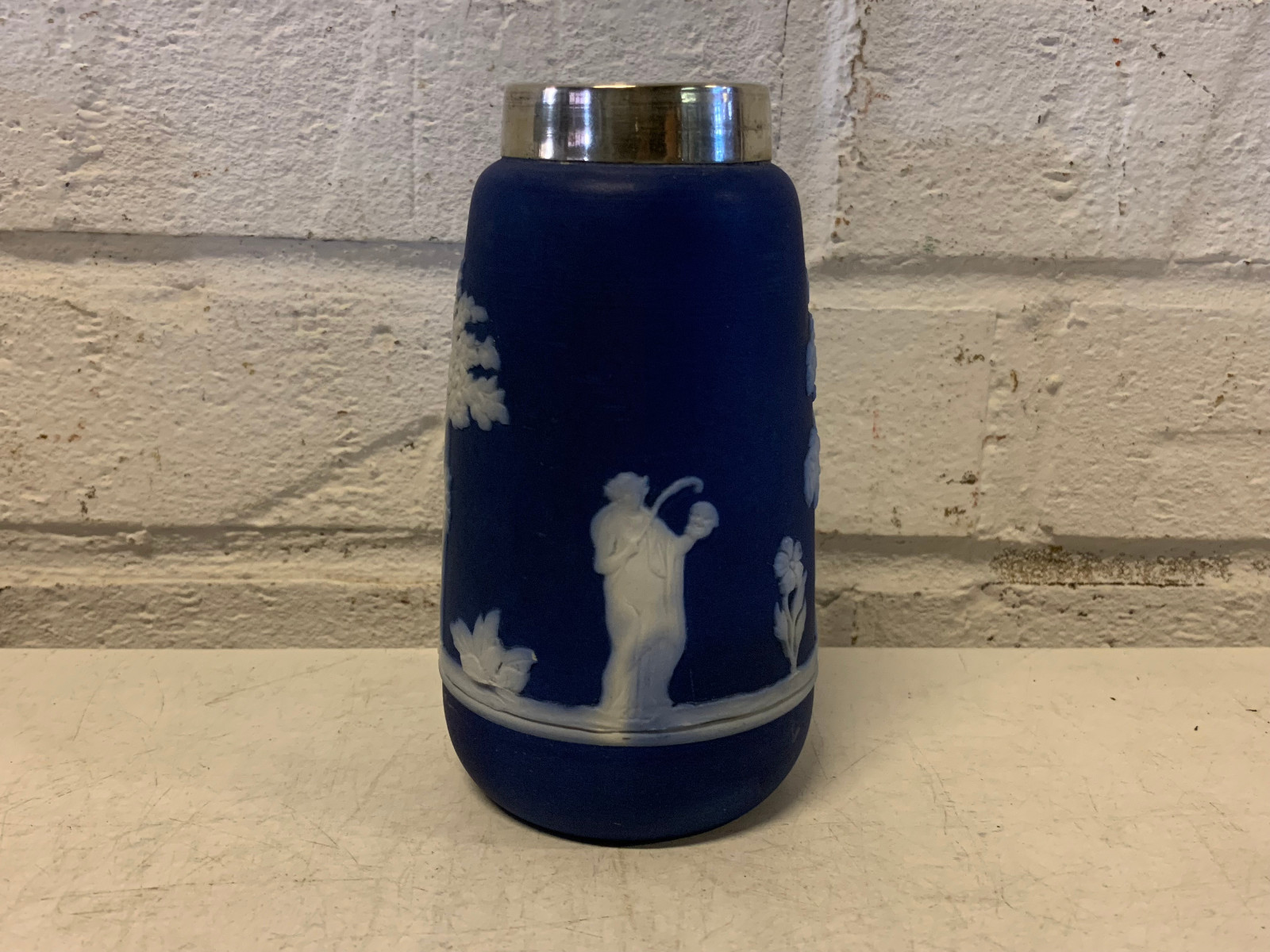 Antique Dudson Brothers Hanley England Royal Blue Jasperware Vase w/ Silver Rim