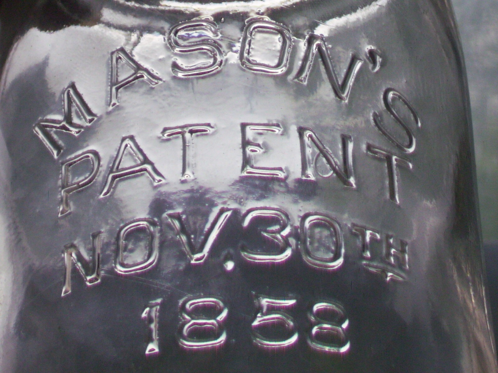 Rare clear 1 qt. Mason\'s Patent Nov. 30th 1858 canning jar Fancy M Square O\'s Rare clear 1 qt. Mason\'s Patent Nov. 30th 1858 canning jar Fancy M Square O\'s
