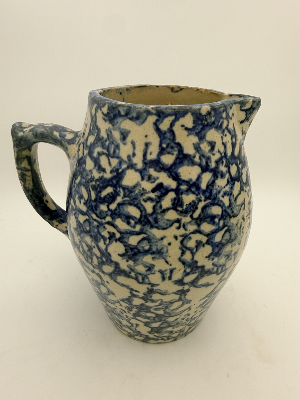 Antique 19thC Blue and White Spongeware Stoneware Pitcher 8