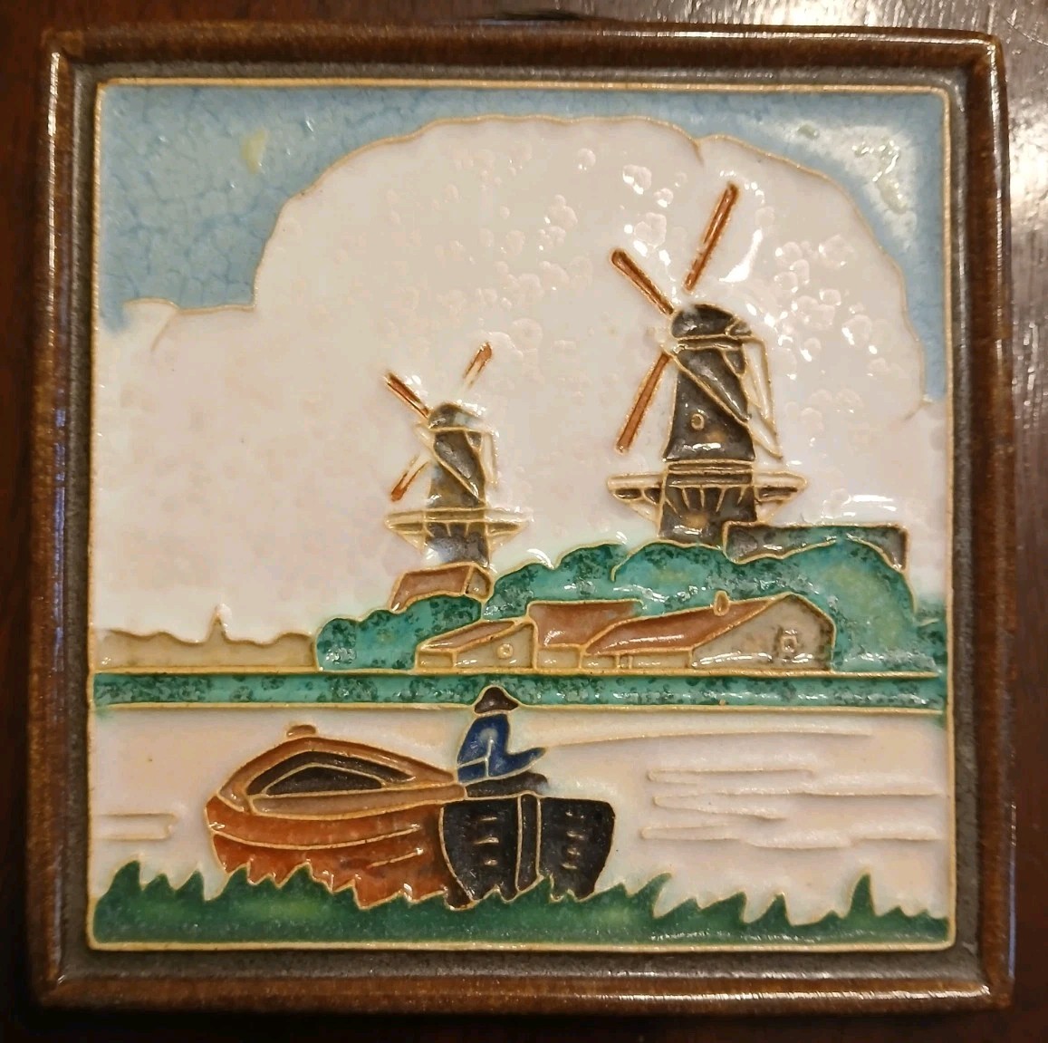 Vintage Delft Porceleyne Fles Cloisonne Tile/Windmills/Fisherman/4.5\