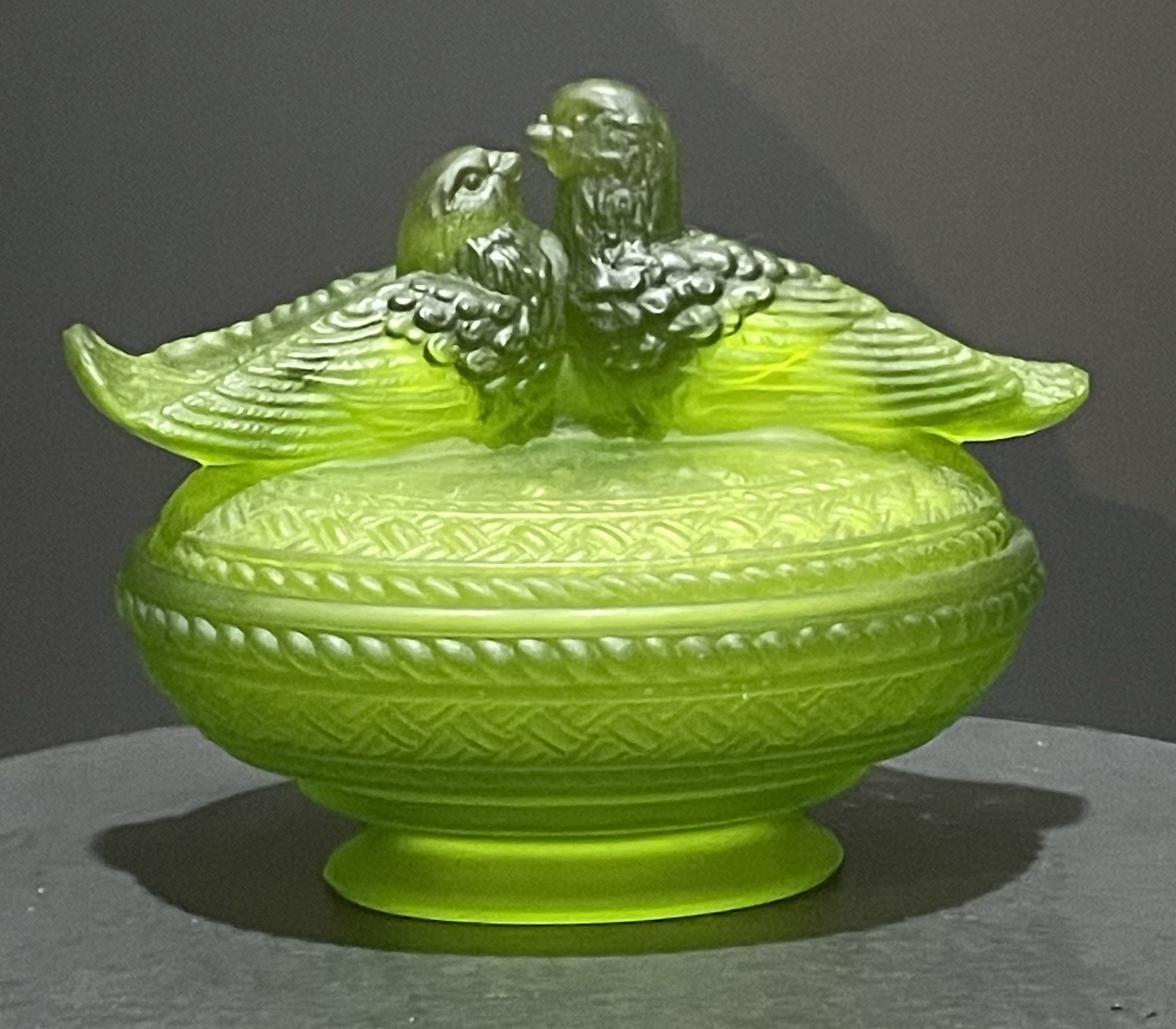 Westmoreland Love Birds Green Satin Glass Covered Footed Dish Vintage