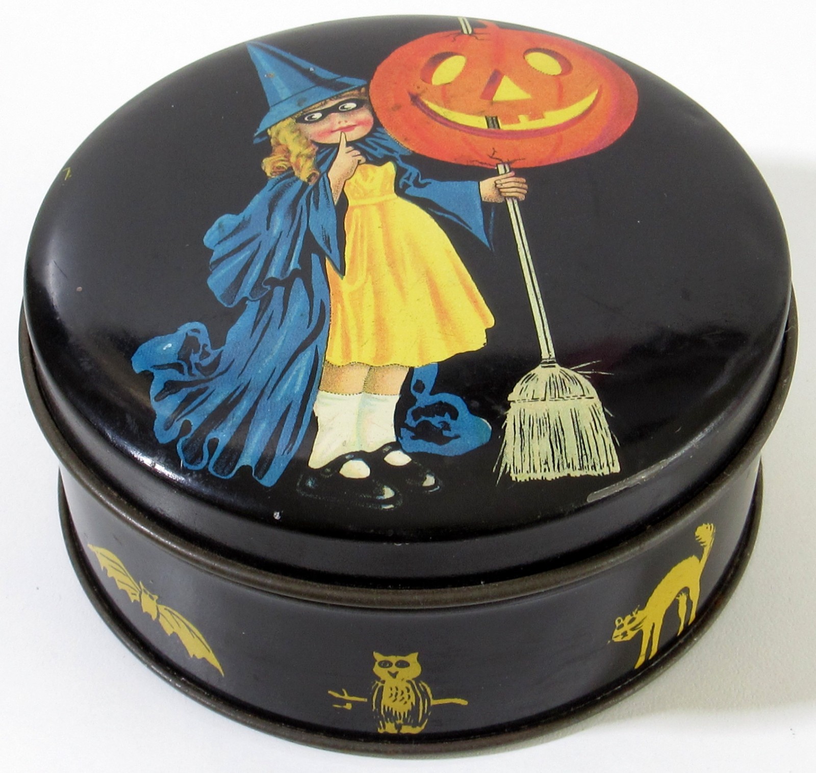 Vintage Tindeco Halloween Girl Witch Pumpkin Tin - Nice - Vintage Tindeco Halloween Girl Witch Pumpkin Tin - Nice -