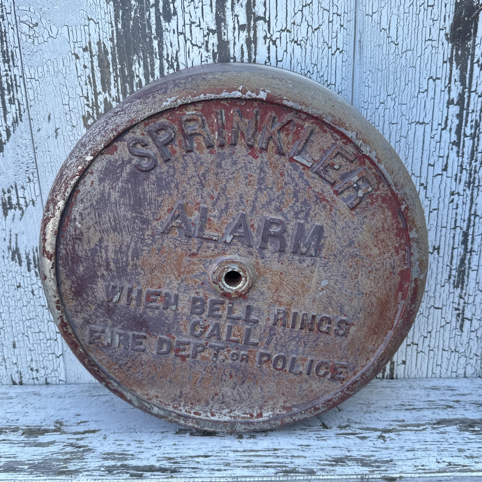 Vintage Sprinkler Alarm Bell Cover - “When bell Rings Call Fire dept Or Police” Vintage Sprinkler Alarm Bell Cover - “When bell Rings Call Fire dept Or Police”
