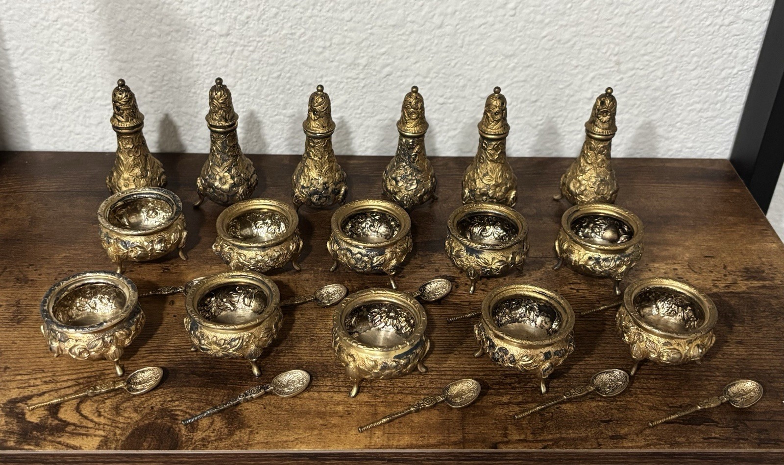 Rare A.G. Schultz Sterling Silver Salt Service Set Gold Finish Repoussé 26 Pc Rare A.G. Schultz Sterling Silver Salt Service Set Gold Finish Repoussé 26 Pc