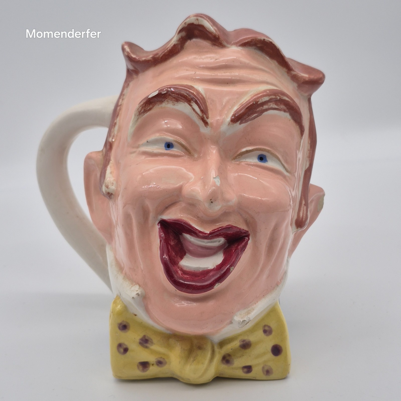 Vintage Laughing Man Face Character Jug Red Hair Yellow Polka Dot Bow Tie
