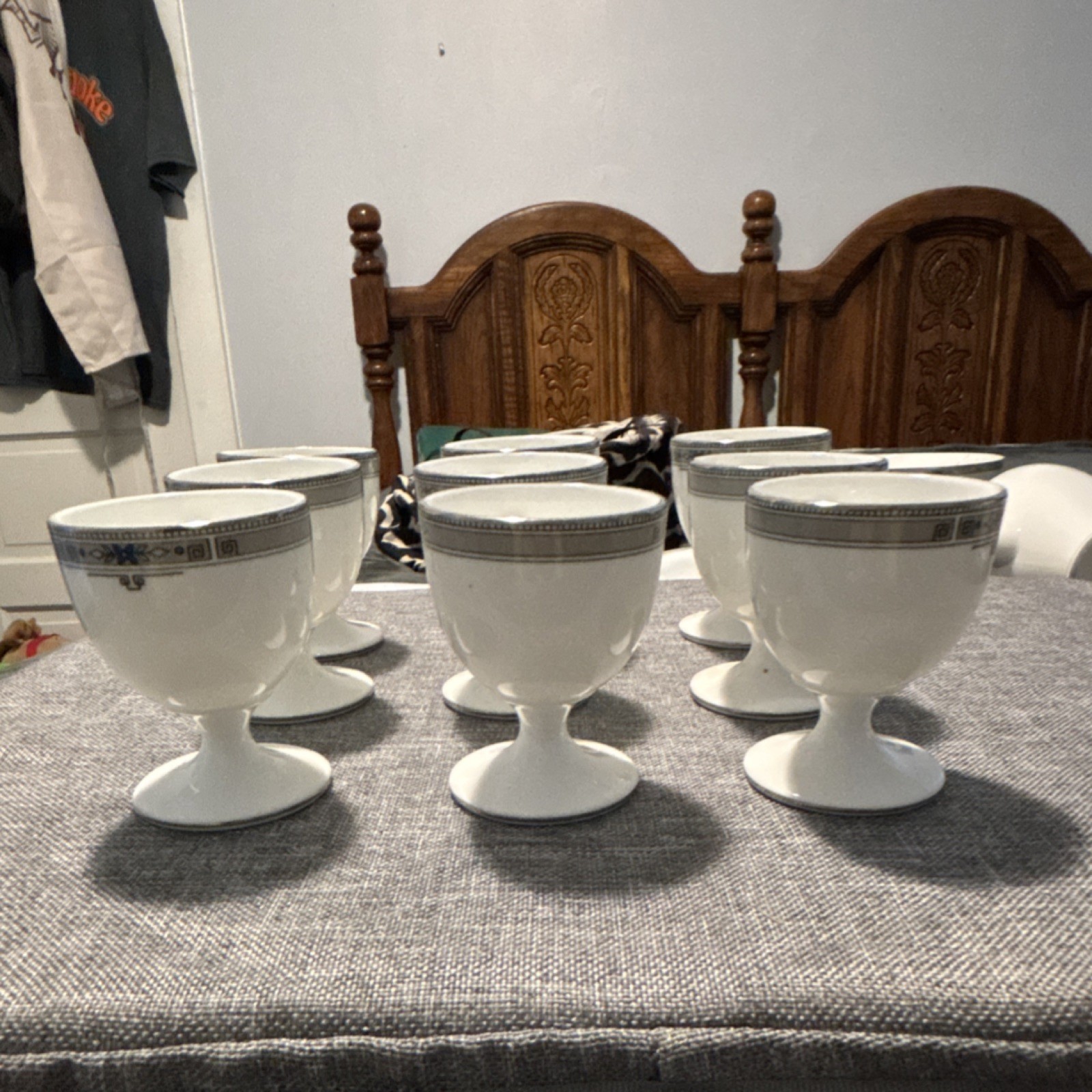 Wedgwood Bone China Egg Cup Set Geometric Pattern White Blue Gray Round 9 Cups