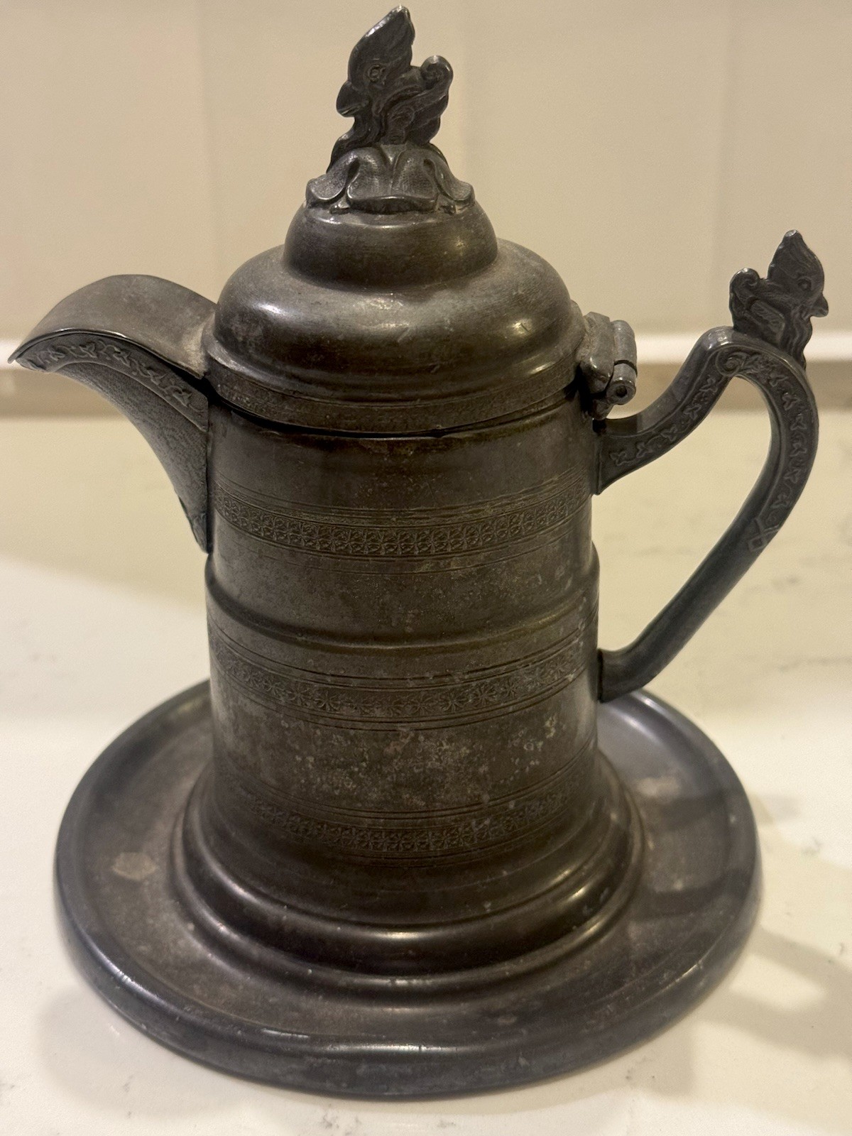 ANTQ c1890 Pewter Syrup Pitcher Hinged Lid Tray Ornate Handle w/ Bird Finial 6”