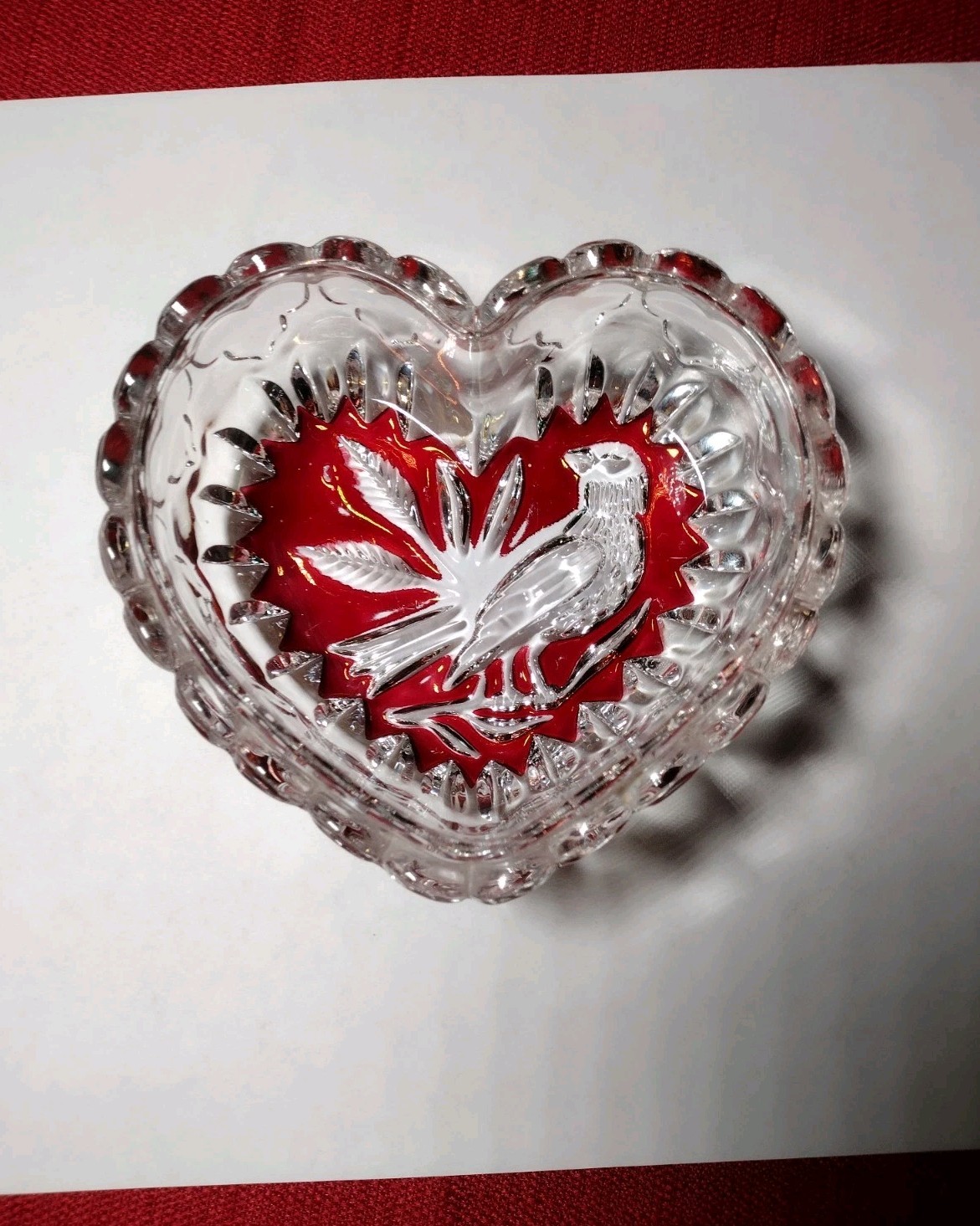RARE Vintage Hofbauer Byrdes Red Bird Cranberry Crystal HeartShaped Trinket Bowl