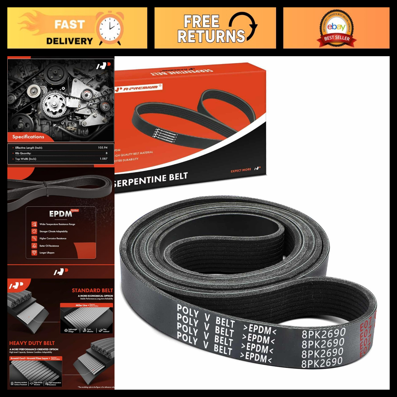 A-Premium Heavy Duty Serpentine Belt 8-Rib 105.94 In