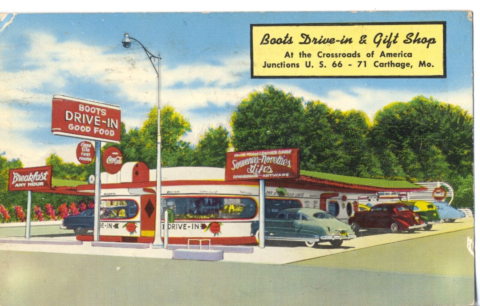 Boots Drive-In & Gift Shop on Route 66, Carthage, Mo. Missouri Postcard